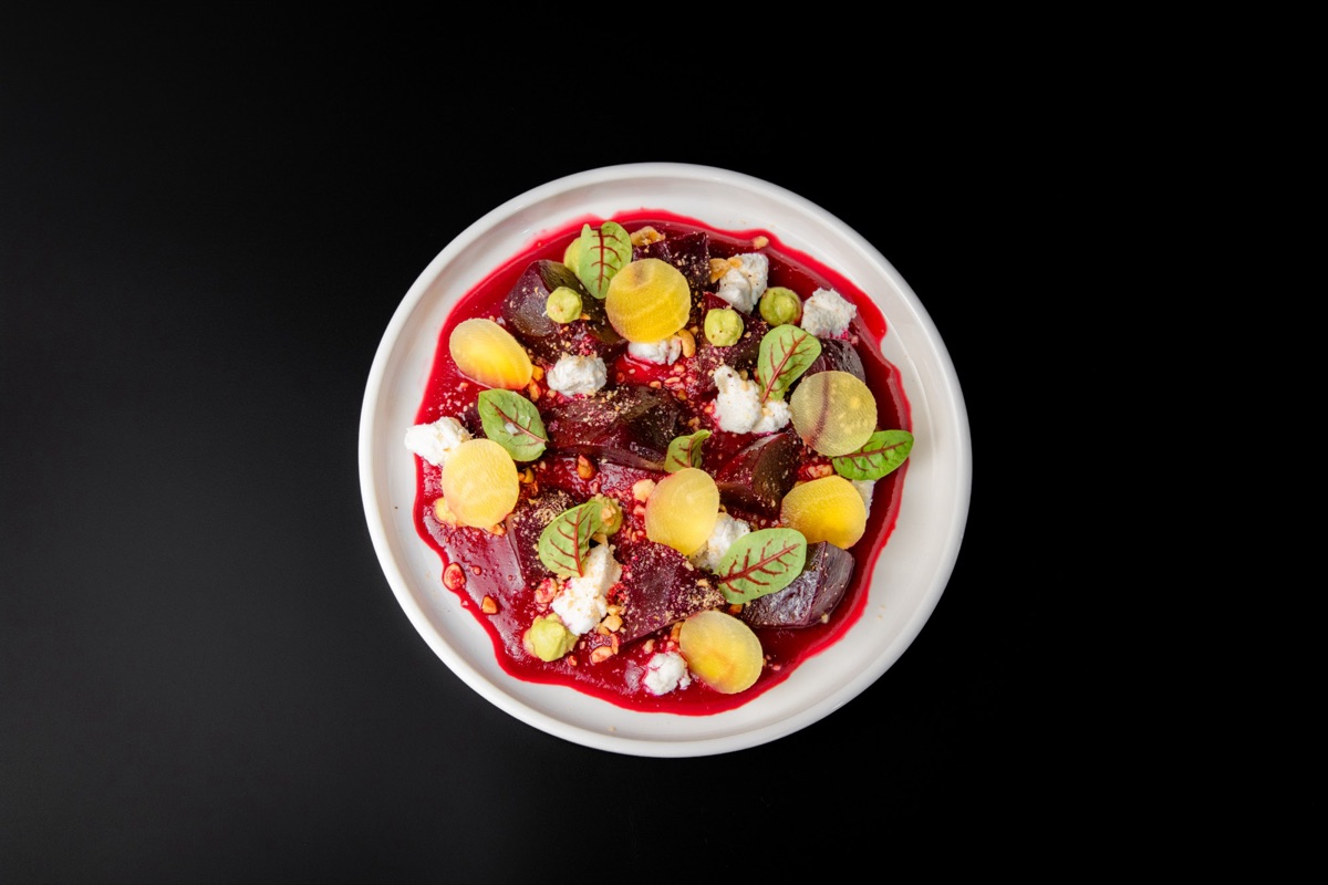 Roasted red and golden beets with goat cheese and herbs